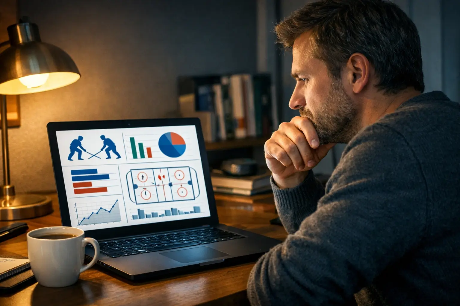 Člověk analyzující hokejové statistiky na notebooku