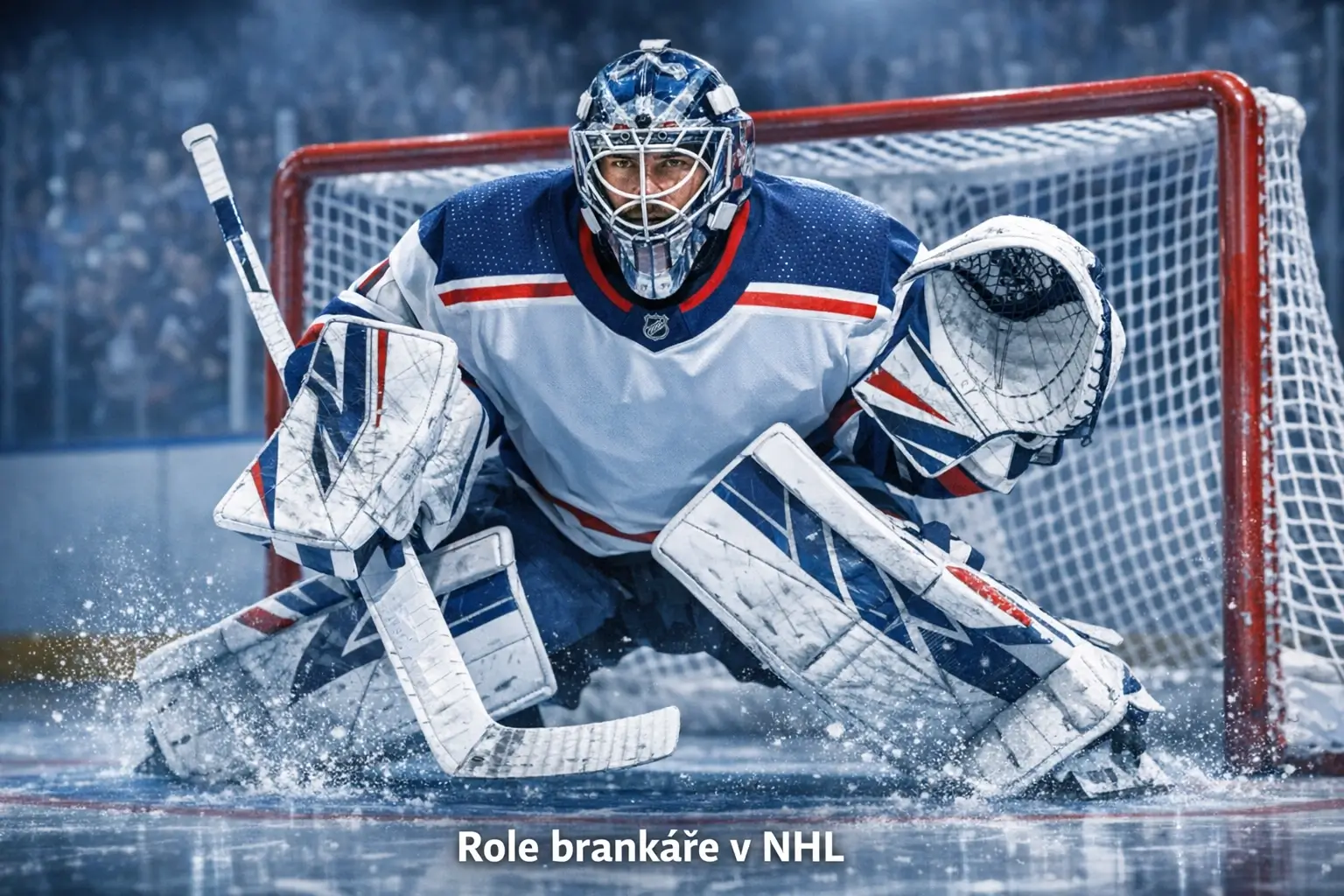 Hokejový brankář v bráně připravený k zákroku