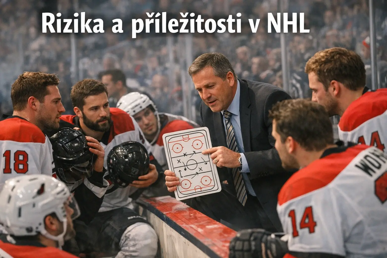 Hokejový tým při taktické poradě na střídačce