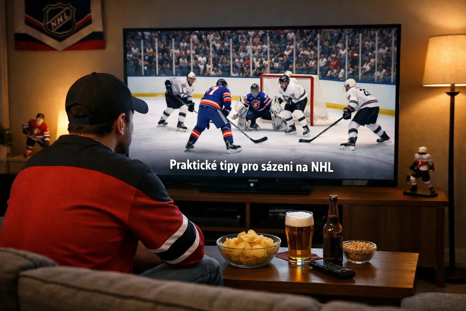 Hokejový fanoušek sledující zápas NHL na televizi